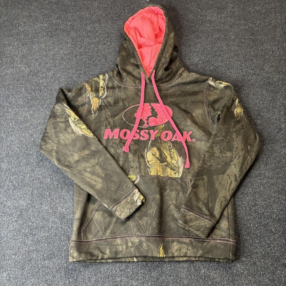 Mossy Oak Sweatshirt Womens Small Camo Pink Logo Fleece Hoodie Hunting Pullover